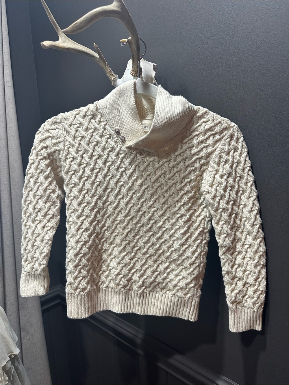Hope and Henry |  size S boys Cozy Cable-Knit Shawl Collar Sweater - Cream